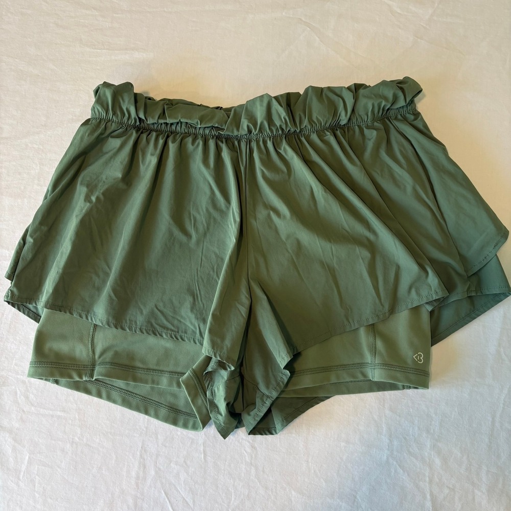 Blogilates Womens 2-in-1 Flowy Athletic Shorts Green Paperbag Waist Size L